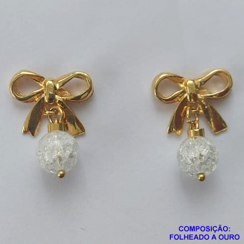 BRINCO FOLHEADO A OURO - BANHADO COM 5 MILÉSIMOS + VERNIZ DIAMOND - BRINCO DE PINO LACINHO COM CRISTAL NATURAL CRAQUELADO 25MM - OURO286