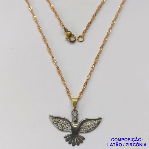 GARGANTILHA NO BRUTO PRONTA PARA BANHO - (CX.46)  GARGANTILHA COM CORRENTE SINGAPURA 45CM E PINGENTE ESPÍRITO SANTO CRAVEJADO EM MICROS ZIRCÔNIAS 18X28MM - PESO 3,6GR - COMPOSIÇÃO: LATÃO / ZIRCÔNIA - BRU14609