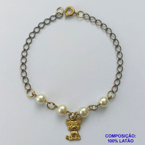 PULSEIRA NO BRUTO PRONTA PARA BANHO - (CX.46)  PULSEIRA 17CM COM PÉROLAS E GATINHO - PESO 1,7GR - COMPOSIÇÃO: LATÃO / PÉROLAS - BRU14610
