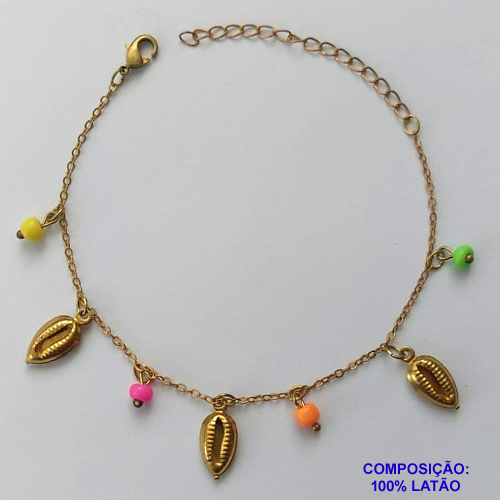 PULSEIRA NO BRUTO PRONTA PARA BANHO -(CX.46)  PULSEIRA 17CM + EXTENSOR COM MIÇANGAS COLORIDAS E BUZIOS - PESO 2GR - COMPOSIÇÃO: LATÃO - BRU14611