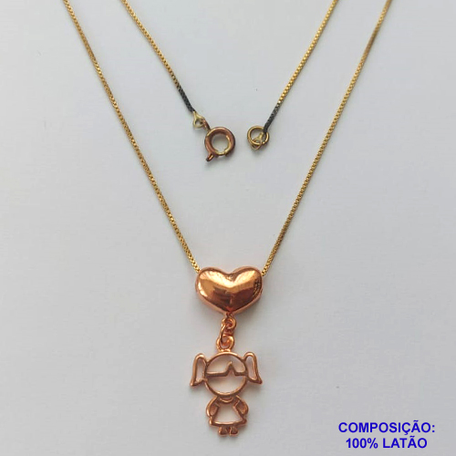 GARGANTILHA NO BRUTO PRONTA PARA BANHO - (CX.47)  CORRENTE VENEZIANA 45CM E PINGENTE CORAÇÃO COM MENINA 28MM - PESO 4,1GR - COMPOSIÇÃO: LATÃO - BRU14614