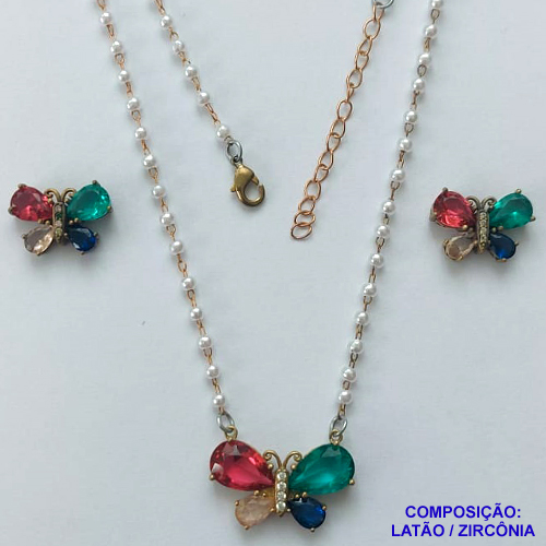 CONJUNTO NO BRUTO PRONTO PARA BANHO -  (CX.47) CONJUNTO COM CORRENTE EM PÉROLAS E BRINCOS DE PINO COM BORBOLETAS EM ZIRCÔNIAS 18MM E PINGENTE BORBOLETA EM ZIRCÔNIA 24MM - PESO 10,2GR - COMPOSIÇÃO: LATÃO / ZIRCÔNIA - BRU14619