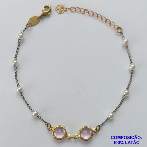 PULSEIRA NO BRUTO PRONTA PARA BANHO - (CX.47) PULSEIRA COM ESFERAS E PINGENTES EM VIDROS ROSAS 18CM + EXTENSOR - PESO 2GR - COMPOSIÇÃO: LATÃO - BRU14620