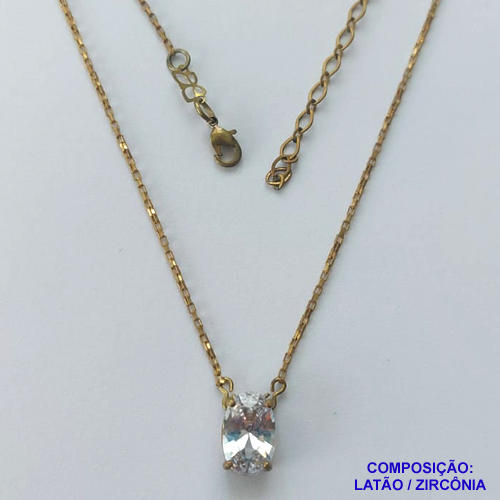 GARGANTILHA NO BRUTO PRONTA PARA BANHO - (CX.44)  GARGANTILHA COM CORRENTE 45CM + EXTENSOR E PINGENTE EM ZIRCÔNIA OVAL CRISTAL 8X12MM -  PESO 3,7GR - COMPOSIÇÃO: LATÃO / ZIRCÔNIA - BRU14621