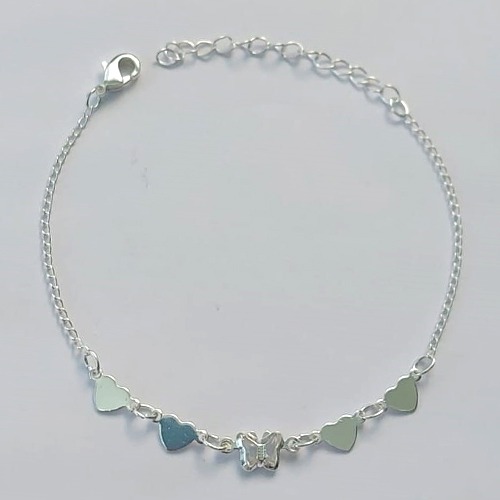 PULSEIRA FOLHEADA A PRATA COM 50 MILÉSIMOS + VERNIZ DIAMOND - PULSEIRA 16CM + EXTENSOR COM CORAÇÕES LISOS E BORBOLETAS - PRA273