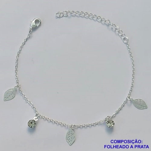 PULSEIRA FOLHEADA A PRATA COM 50 MILÉSIMOS + VERNIZ DIAMOND - PULSEIRA 16CM + EXTENSOR COM STRASS E FOLHAS VAZADAS - PRA274