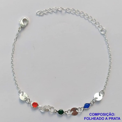 PULSEIRA FOLHEADA A PRATA COM 50 MILÉSIMOS + VERNIZ DIAMOND - PULSEIRA 16CM + EXTENSOR COM PEDRA CRISTAIS COLORIDAS E BOLINHAS LISAS - PRA275