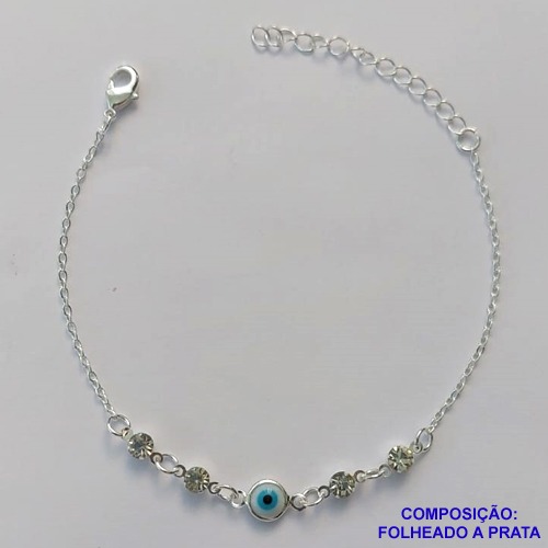 PULSEIRA FOLHEADA A PRATA COM 50 MILÉSIMOS + VERNIZ DIAMOND - PULSEIRA 16CM + EXTENSOR COM STRASS E OLHO GREGO - PRA276