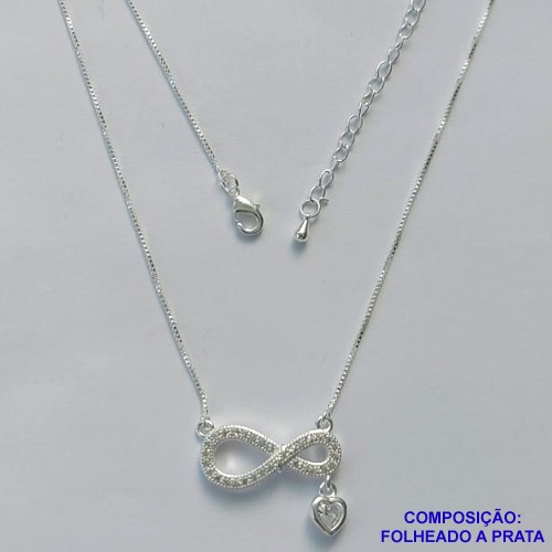 GARGANTILHA FOLHEADA A PRATA COM 50 MILÉSIMOS + VERNIZ DIAMOND - GARGANTILHA CORRENTE VENEZIANA 45CM PINGENTE INFINITO COM CORAÇÃO E MICRO ZIRCÔNIAS 23X10MM E FECHO LAGOSTA PRA277