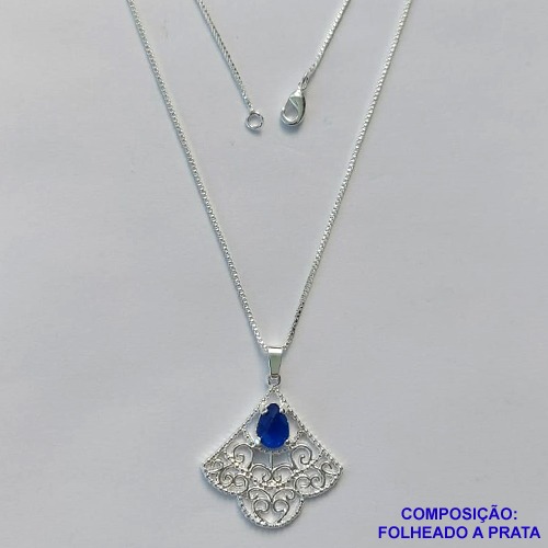 GARGANTILHA FOLHEADA A PRATA COM 50 MILÉSIMOS + VERNIZ DIAMOND - GARGANTILHA CORRENTE VENEZIANA 45CM PINGENTE FORMATO LEQUECOM  ZIRCÔNIA AZUL E FECHO LAGOSTA PRA279