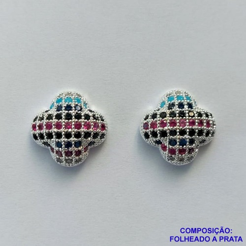 BRINCO FOLHEADA A PRATA COM 50 MILÉSIMOS + VERNIZ DIAMOND - BRINCO COM MICRO ZIRCÔNIAS COLORIDAS 12MM PRA280