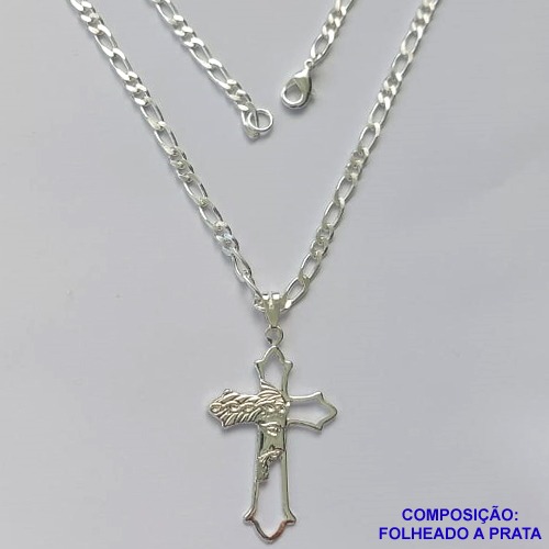 GARGANTILHA FOLHEADA A PRATA COM 80 MILÉSIMOS + VERNIZ CATAFORÉTICO - GARGANTILHA CORRENTE 2X2 48CM PINGENTE CRUCIFIXO FACE DE CRISTO 40X26MM - LARGURA 3MM E FECHO LAGOSTA PRA284
