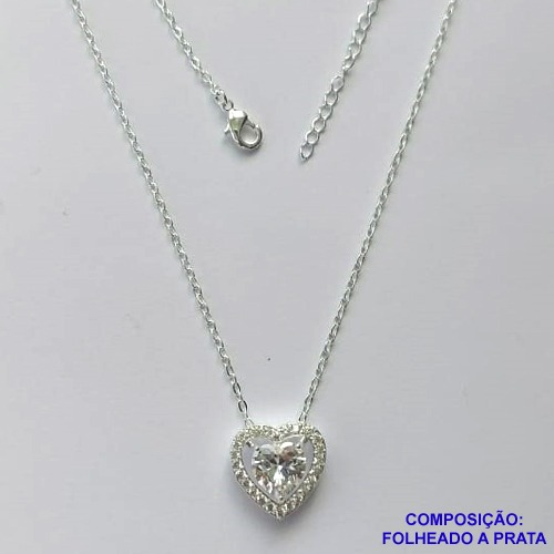 GARGANTILHA FOLHEADA A PRATA COM 50 MILÉSIMOS + VERNIZ DIAMOND - GARGANTILHA CORRENTE CADEADO 40CM PINGENTE FORMATO CORAÇÃO EM ZIRCÔNIA E MICRO ZIRCÔNIAS 13MM - FECHO LAGOSTA + EXTENSOR PRA287