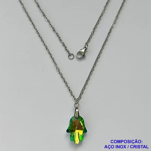 GARGANTILHA EM AÇO INOXIDÁVEL - (AÇO03)  (CX.116) GARGANTILHA COM PINGENTE MÃO DE FÁTIMA CRISTAL VERDE 12X17MM - TAMANHO: 50CM - COMPOSIÇÃO: AÇO INOXIDÁVEL - AÇO1876