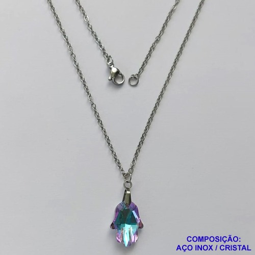 GARGANTILHA EM AÇO INOXIDÁVEL - (AÇO03)  (CX.116) GARGANTILHA COM PINGENTE MÃO DE FÁTIMA CRISTAL  AZUL CLARO COM ROXO 12X17MM - TAMANHO: 50CM - COMPOSIÇÃO: AÇO INOXIDÁVEL - AÇO1879