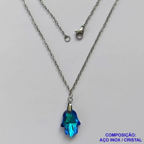 GARGANTILHA EM AÇO INOXIDÁVEL - (AÇO03) (CX.116)  GARGANTILHA COM PINGENTE MÃO DE FÁTIMA CRISTAL AZUL 12X17MM - TAMANHO: 50CM - COMPOSIÇÃO: AÇO INOXIDÁVEL - AÇO1880