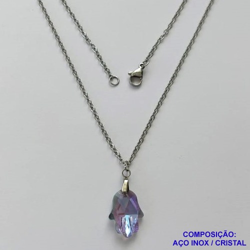 GARGANTILHA EM AÇO INOXIDÁVEL - (AÇO03) (CX.116) GARGANTILHA COM PINGENTE MÃO DE FÁTIMA CRISTAL LILÁS COM AZUL 12X17MM - TAMANHO: 50CM - COMPOSIÇÃO: AÇO INOXIDÁVEL - AÇO1881
