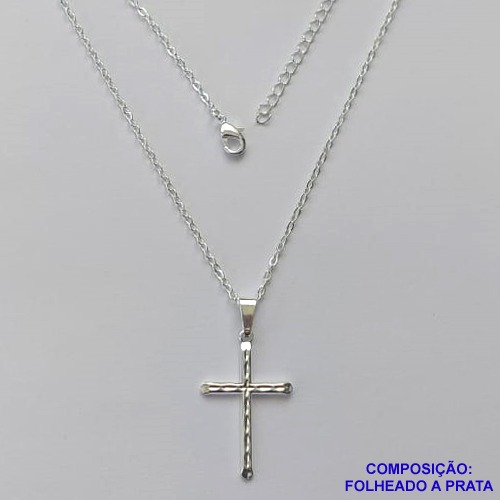 GARGANTILHA FOLHEADA A PRATA COM 50 MILÉSIMOS + VERNIZ DIAMOND - GARGANTILHA CORRENTE CADEADO 40CM PINGENTE CRUCIFIXO DESENHADO 15X24MM - FECHO LAGOSTA + EXTENSOR PRA291