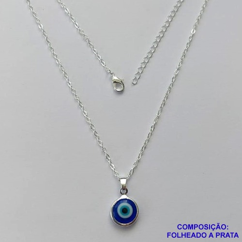 GARGANTILHA FOLHEADA A PRATA COM 50 MILÉSIMOS + VERNIZ DIAMOND - GARGANTILHA CORRENTE CADEADO 40CM PINGENTE OLHO GREGO 10MM - FECHO LAGOSTA + EXTENSOR PRA292