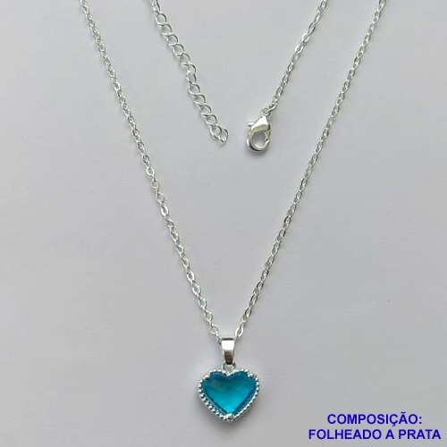 GARGANTILHA FOLHEADA A PRATA COM 50 MILÉSIMOS + VERNIZ DIAMOND - GARGANTILHA CORRENTE CADEADO 40CM CORAÇÃO AZUL VIDRO 10MM - FECHO LAGOSTA + EXTENSOR PRA293
