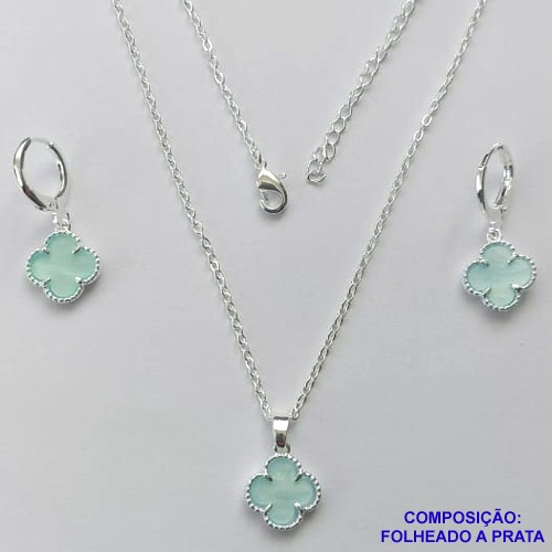 CONJUNTO FOLHEADO A PRATA COM 50 MILÉSIMOS  + VERNIZ DIAMOND CORRENTE CADEADO 45CM PINGENTE TREVO VERDE 10MM E  BRINCOS COM ARGOLA DE PRESSÃO TREVO VERDE 10MM PRA294