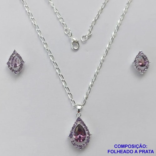 CONJUNTO FOLHEADO A PRATA COM 50 MILÉSIMOS  + VERNIZ DIAMOND CORRENTE 60CM COM ZIRCÔNIA LILAS 13MM E  BRINCOS PINO COM ZIRCÔNIA LILÇAS 10MM PRA296