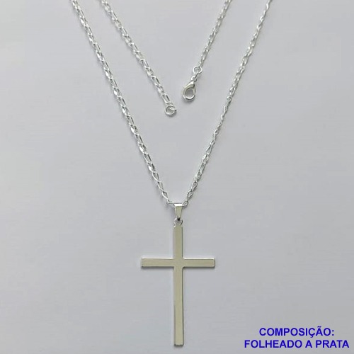 GARGANTILHA FOLHEADA A PRATA COM 50 MILÉSIMOS + VERNIZ DIAMOND - GARGANTILHA CORRENTE 60CM PINGENTE CRUCIFIXO LISO 26X40MM - FECHO LAGOSTA PRA298