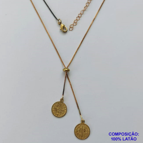 GARGANTILHA NO BRUTO PRONTA PARA O BANHO - (CX.116)  GARGANTILHA GRAVATINHA (AJUSTÁVEL) 45CM + EXTENSOR COM PINGENTES REDONDOS SÃO BENTO 12MM - PESO TOTAL 4,4GR - BRU14632