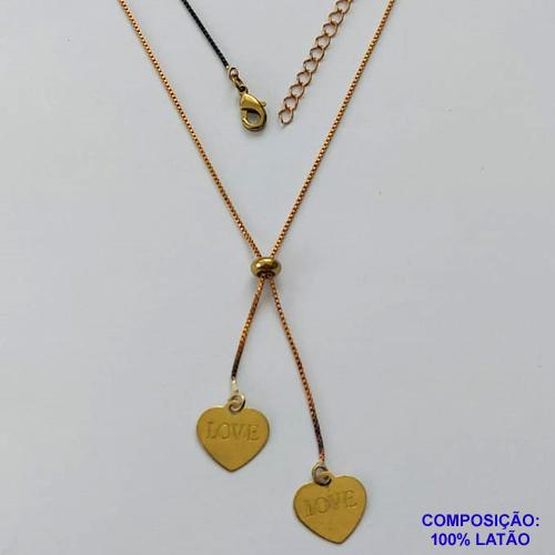GARGANTILHA NO BRUTO PRONTA PARA O BANHO - (CX.116)  GARGANTILHA GRAVATINHA (AJUSTÁVEL) 45CM + EXTENSOR COM PINGENTES CORAÇÃO 12MM - PESO TOTAL 2,9GR - BRU14633