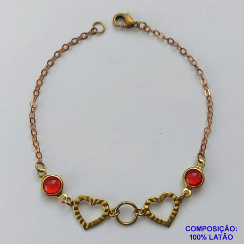 PULSEIRA NO BRUTO PRONTA PARA O BANHO - (CX.116) ULSEIRA COM STRASS VERMELHOS E CORAÇÕES VAZADOS 17CM - PESO TOTAL 1,8GR - BRU14638
