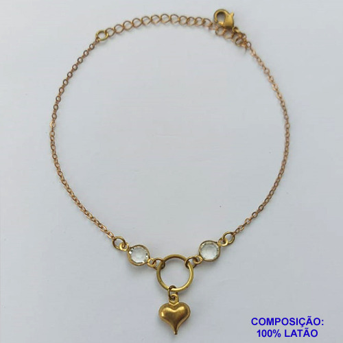 PULSEIRA NO BRUTO PRONTA PARA O BANHO - (CX.116)  PULSEIRA COM STRASS CRISTAIS E CORAÇÃO DUPLO 20CM + EXTENSOR - PESO TOTAL 1,9GR - BRU14639