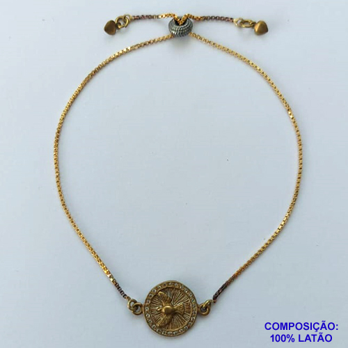 PULSEIRA NO BRUTO PRONTA PARA O BANHO - (CX.46)  PULSEIRA GRAVATINHA (REGULÁVEL) COM PINGENTE REDONDO ESPÍRITO SANTO CRAVEJADO EM MICROS ZIRCÔNIAS 14MM - PESO TOTAL 3GR - BRU14643
