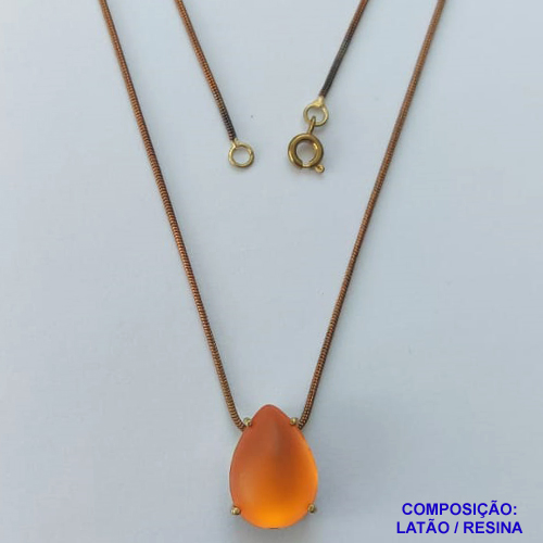 GARGANTILHA NO BRUTO PRONTA PARA O BANHO - (CX.39)  GARGANTILHA COM CORRENTE RABO DE RATO 45CM E PINGENTE EM RESINA LARANJA 12X18MM  - PESO TOTAL 5,4GR - BRU14645