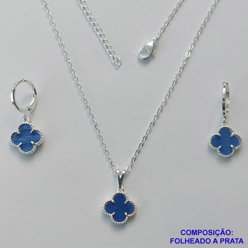 CONJUNTO FOLHEADO A PRATA COM 50 MILÉSIMOS  + VERNIZ DIAMOND CORRENTE CADEADO 45CM PINGENTE TREVO AZUL 10MM E  BRINCOS COM ARGOLA DE PRESSÃO TREVO AZUL 10MM PRA299