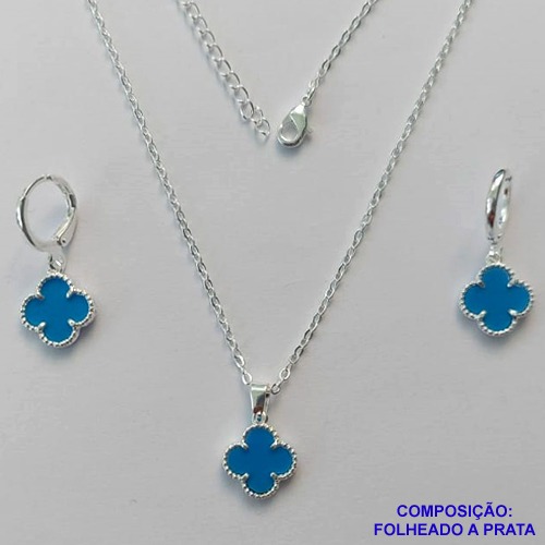 CONJUNTO FOLHEADO A PRATA COM 50 MILÉSIMOS  + VERNIZ DIAMOND CORRENTE CADEADO 45CM PINGENTE TREVO AZUL 10MM E  BRINCOS COM ARGOLA DE PRESSÃO TREVO AZUL 10MM PRA300