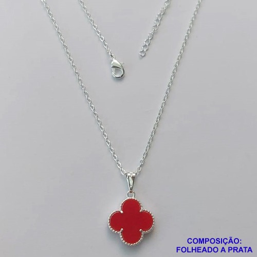GARGANTILHA FOLHEADA A PRATA COM 50 MILÉSIMOS + VERNIZ DIAMOND - GARGANTILHA CORRENTE CADEADO 45CM PINGENTE VAN CLEEF VERMELHO 13MM - FECHO LAGOSTA PRA303