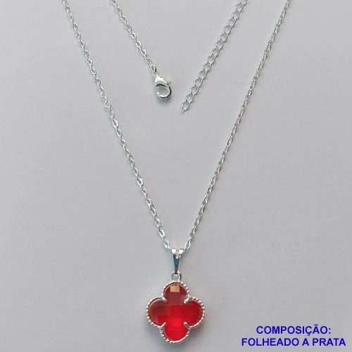 GARGANTILHA FOLHEADA A PRATA COM 50 MILÉSIMOS + VERNIZ DIAMOND - GARGANTILHA CORRENTE CADEADO 45CM PINGENTE VAN CLEEF VERMELHO VIDRO 13MM - FECHO LAGOSTA PRA304