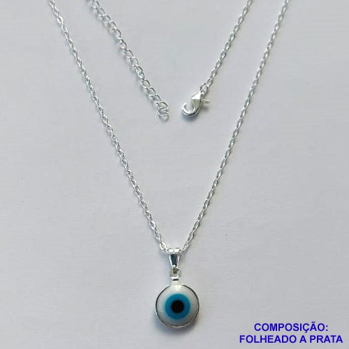 GARGANTILHA FOLHEADA A PRATA COM 50 MILÉSIMOS + VERNIZ DIAMOND - GARGANTILHA CORRENTE CADEADO 45CM PINGENTE OLHO GREGO 10MM - FECHO LAGOSTA PRA306
