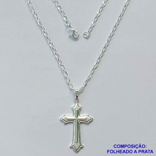 GARGANTILHA FOLHEADA A PRATA COM 50 MILÉSIMOS + VERNIZ DIAMOND - GARGANTILHA CORRENTE 60CM PINGENTE CRUCIFIXO DESENHADO 19X30MM - FECHO LAGOSTA PRA307