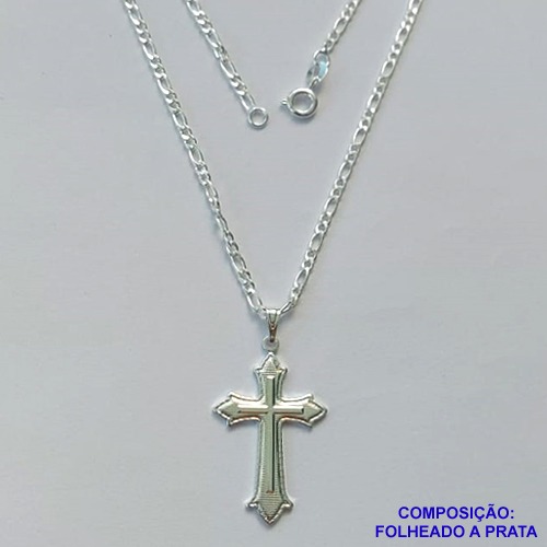 GARGANTILHA FOLHEADA A PRATA COM 50 MILÉSIMOS + VERNIZ DIAMOND - GARGANTILHA CORRENTE 40CM PINGENTE CRUCIFIXO DESENHADO 19X30MM - PRA308