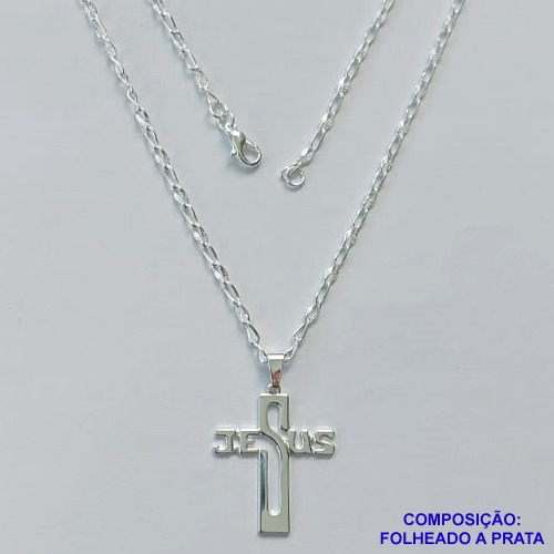 GARGANTILHA FOLHEADA A PRATA COM 50 MILÉSIMOS + VERNIZ DIAMOND - GARGANTILHA CORRENTE 60CM PINGENTE CRUCIFIXO ESCRITO JESUS 21X26MM - FECHO LAGOSTA PRA309