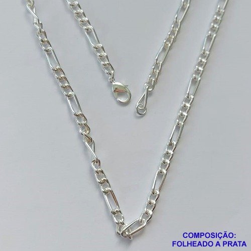 CORRENTE FOLHEADA A PRATA COM 80 MILÉSIMOS + VERNIZ CATAFORÉTICO - CORRENTE 60CM 3X1 LARGURA 4MM - FECHO LAGOSTA PRA310