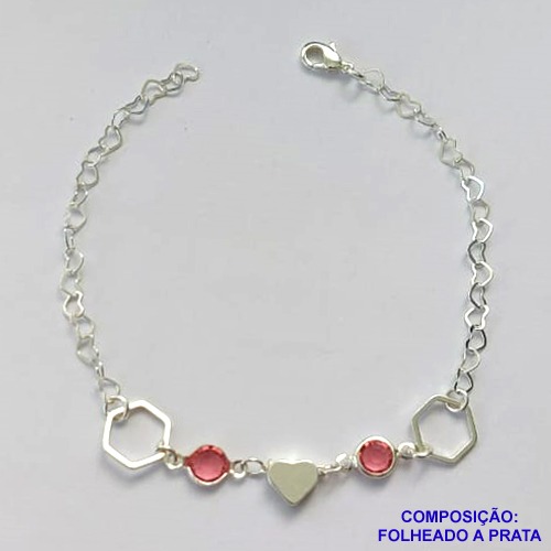 PULSEIRA FOLHEADA A PRATA COM 50 MILÉSIMOS + VERNIZ DIAMOND - PULSEIRA COM CORAÇÃO E PEDRA CRISTAL ROSA - TAMANHO: 19CM E  FECHO LAGOSTA PRA313