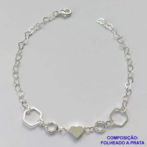 PULSEIRA FOLHEADA A PRATA COM 50 MILÉSIMOS + VERNIZ DIAMOND - PULSEIRA COM CORAÇÃO E PEDRA CRISTAL - TAMANHO: 19CM E  FECHO LAGOSTA PRA314