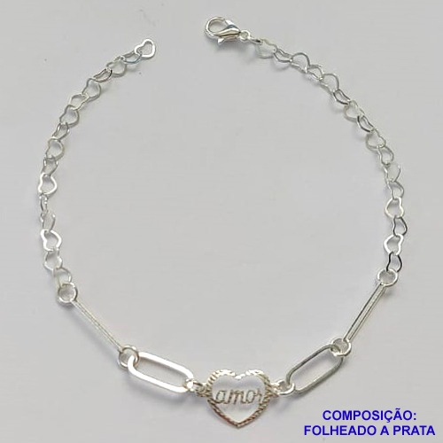 PULSEIRA FOLHEADA A PRATA COM 50 MILÉSIMOS + VERNIZ DIAMOND - PULSEIRA COM CORAÇÃO VAZADO AMOR - TAMANHO: 19CM E  FECHO LAGOSTA PRA315