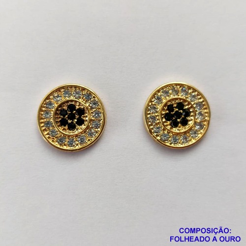 BRINCO FOLHEADO A OURO - BANHADO COM 5 MILÉSIMOS + VERNIZ DIAMOND - BRINCO DE PINO REDONDO COM MICRO ZIRCÔNIAS 8MM - OURO292