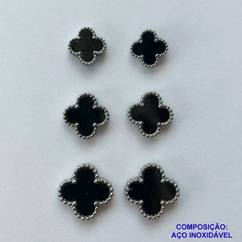 BRINCO EM AÇO INOXIDÁVEL(CX115) - TRIO DE  BRINCO DE PINO  VAN CLEEF PRETO 10/8/7MM - COMPOSIÇÃO: AÇO INOXIDÁVEL - AÇO1855