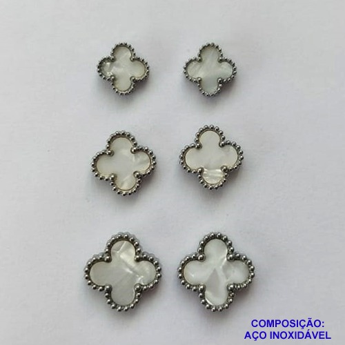 BRINCO EM AÇO INOXIDÁVEL(CX115) - TRIO DE  BRINCO DE PINO  VAN CLEEF MADRE PÉROLA 10/8/7MM - COMPOSIÇÃO: AÇO INOXIDÁVEL - AÇO1886