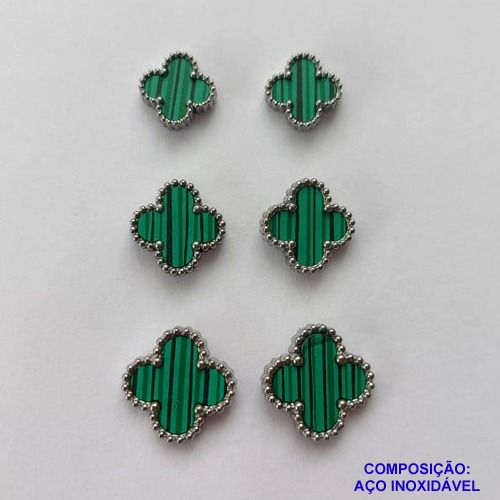 BRINCO EM AÇO INOXIDÁVEL(CX115) - TRIO DE  BRINCO DE PINO  VAN CLEEF VERDE LISTRADO 10/8/7MM - COMPOSIÇÃO: AÇO INOXIDÁVEL - AÇO1887