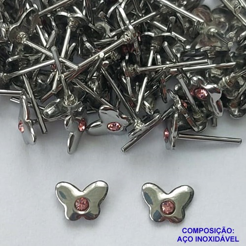 BRINCO EM AÇO INOXIDÁVEL - BRINCO DE PINO BORBOLETA COM ZIRCÔNIA ROSA 7MM  - (CX.116)  COMPOSIÇÃO: AÇO INOXIDÁVEL - AÇO1891